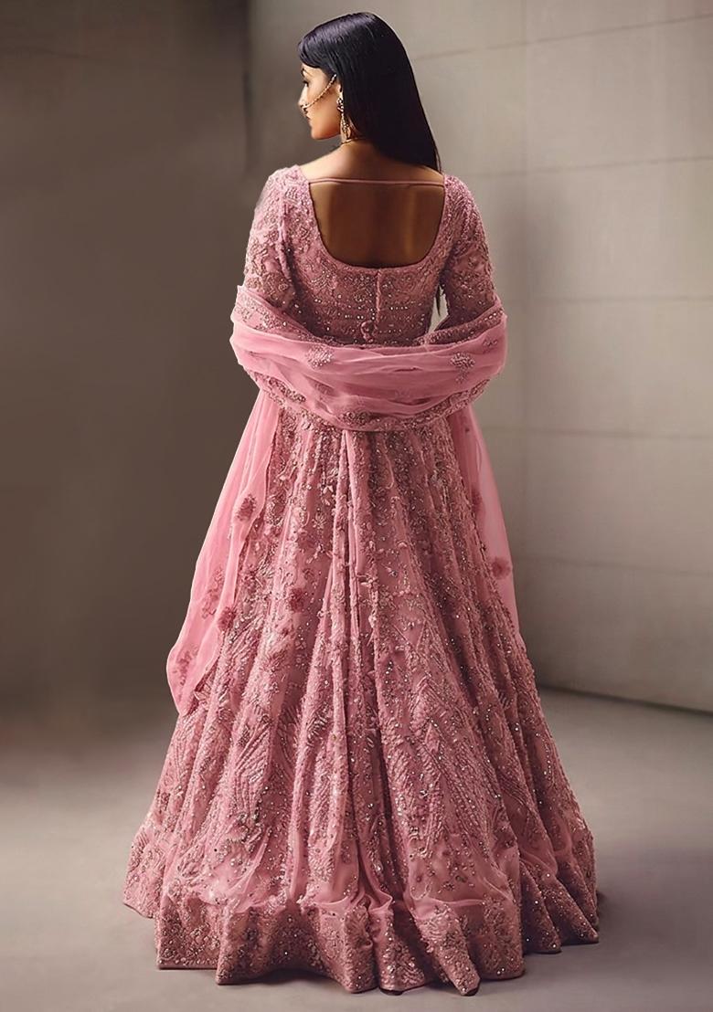 Light Pink Embroidered Bridal Lehenga Set - Indya