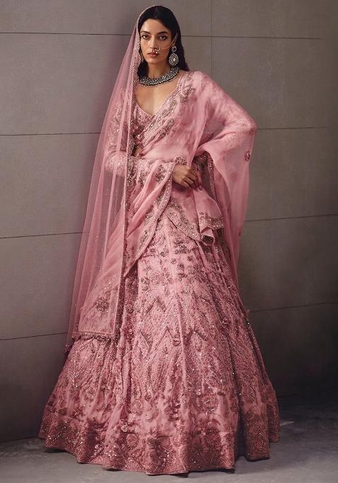 Light Pink Embroidered Bridal Lehenga Set — view on Indya