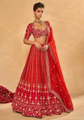 Bright Red Embroidered Bridal Lehenga Set