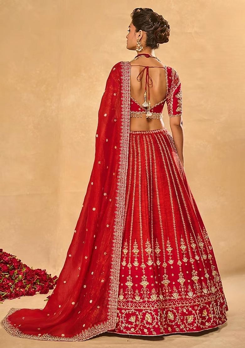 Bright Red Embroidered Bridal Lehenga Set - Indya