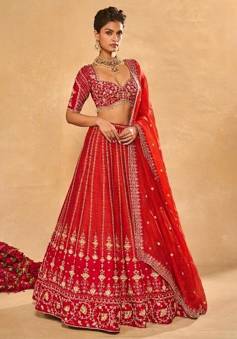 Bright Red Embroidered Bridal Lehenga Set — view on Indya