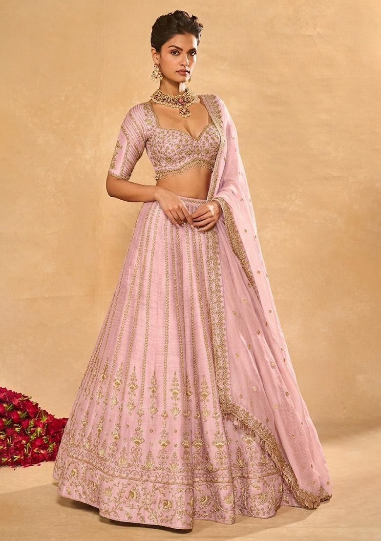 Light Pink Embroidered Bridal Lehenga Set - Indya