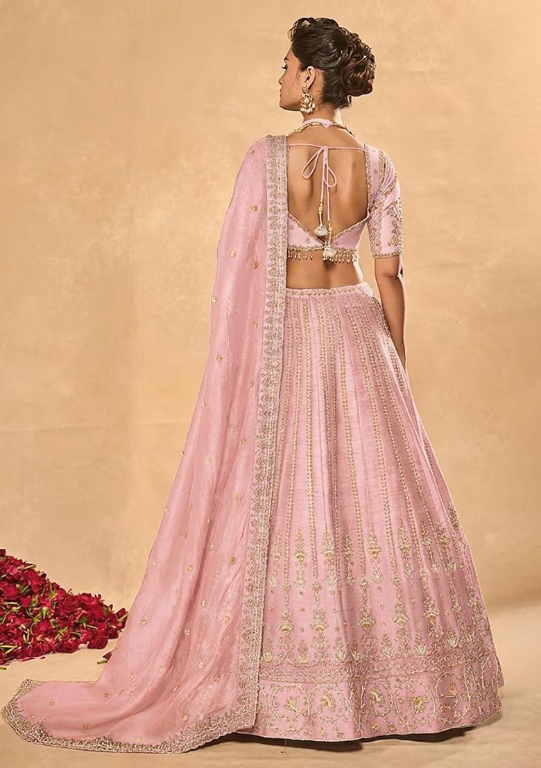Light Pink Embroidered Bridal Lehenga Set - Indya