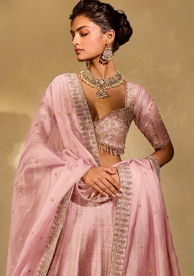 Light Pink Embroidered Bridal Lehenga Set - Indya