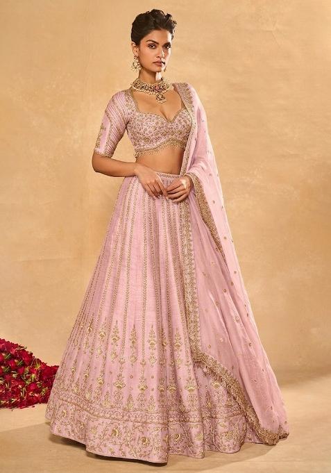 Light Pink Embroidered Bridal Lehenga Set — view on Indya