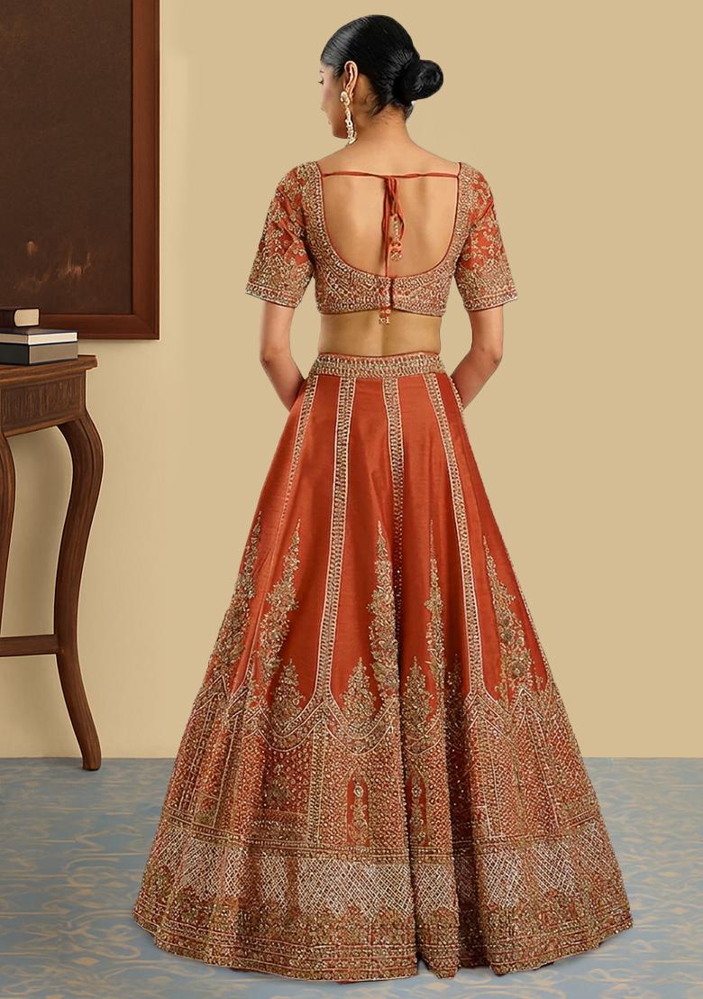 Burnt Orange Embroidered Bridal Lehenga Set - Indya