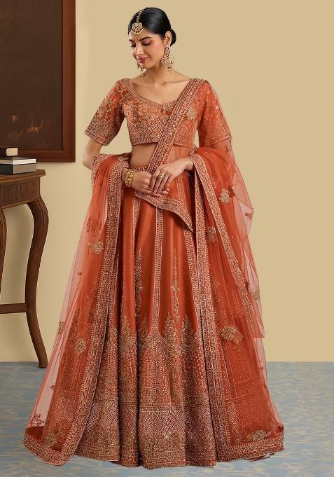 Burnt Orange Embroidered Bridal Lehenga Set — view on Indya