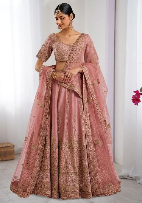 Light Pink Embroidered Bridal Lehenga Set — view on Indya