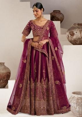 Wine Embroidered Bridal Lehenga Set