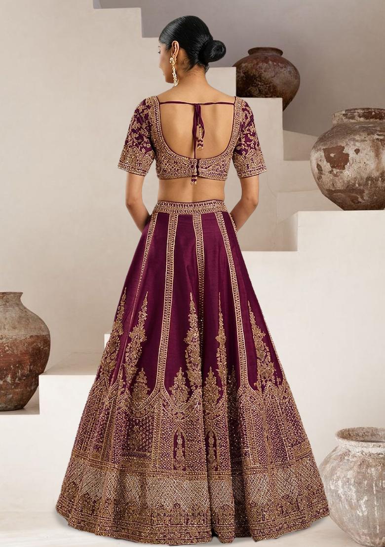 Wine Embroidered Bridal Lehenga Set - Indya