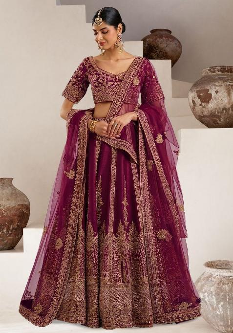 Wine Embroidered Bridal Lehenga Set — view on Indya