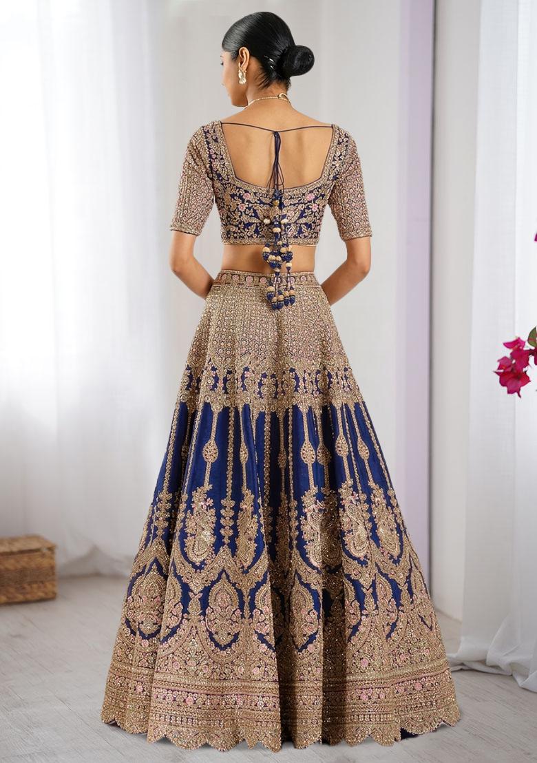 Navy Blue Embroidered Bridal Lehenga Set - Indya