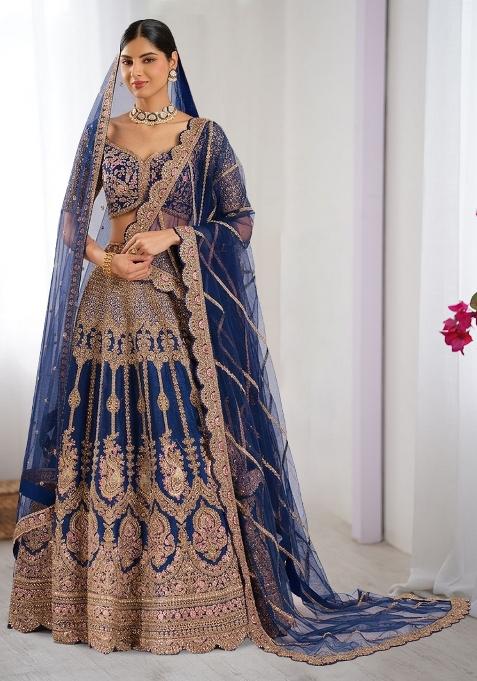 Navy Blue Embroidered Bridal Lehenga Set — view on Indya