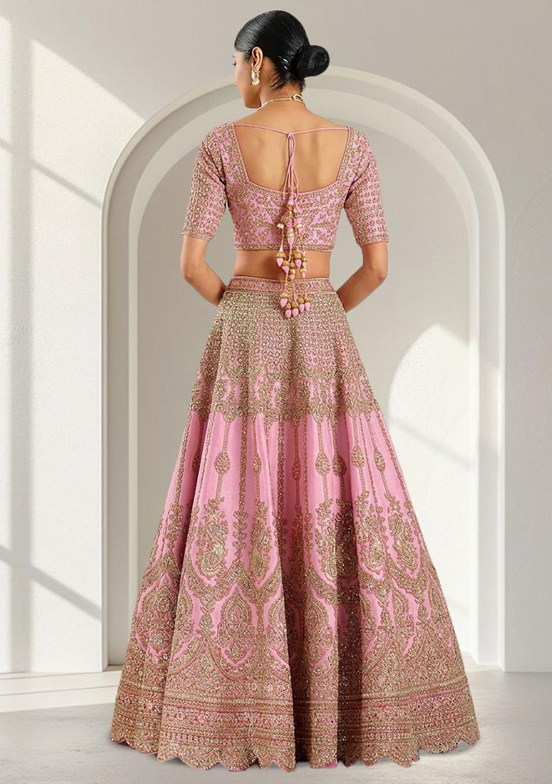 Light Pink Embroidered Bridal Lehenga Set - Indya