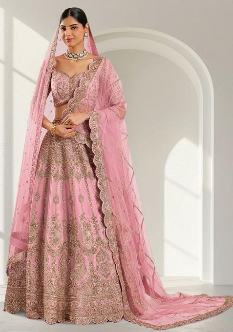 Light Pink Embroidered Bridal Lehenga Set — view on Indya