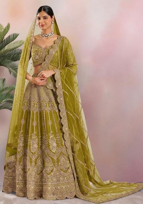 Green Embroidered Bridal Lehenga Set — view on Indya