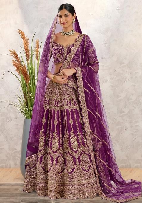 Purple Embroidered Bridal Lehenga Set — view on Indya
