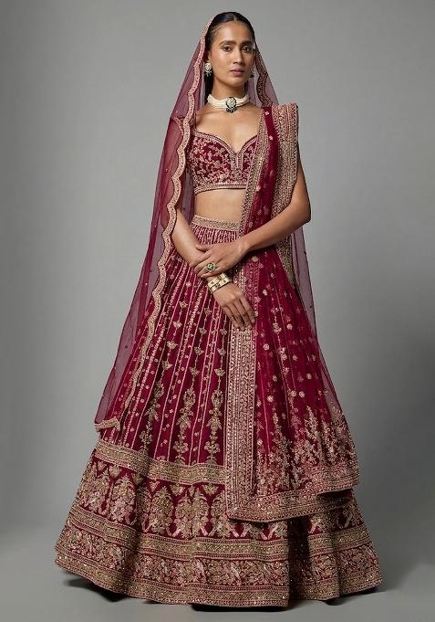 Maroon Embroidered Bridal Lehenga Set — view on Indya
