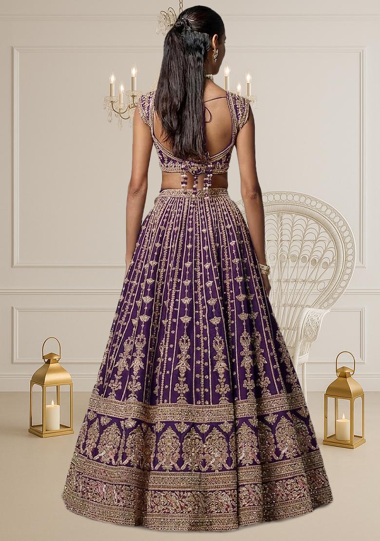 Purple Embroidered Bridal Lehenga Set - Indya