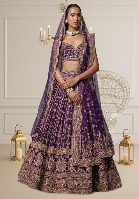 Purple Embroidered Bridal Lehenga Set — view on Indya