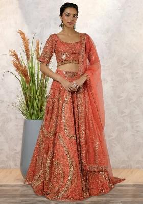 Coral Orange Embroidered Bridal Lehenga Set
