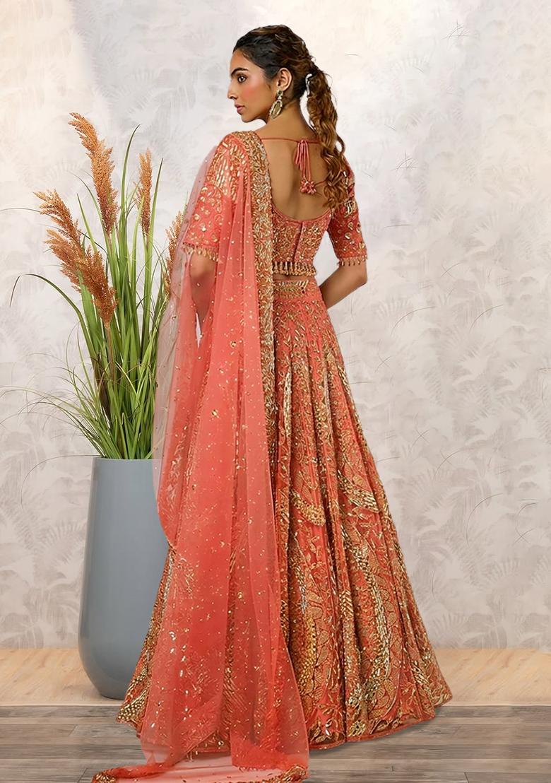 Coral Orange Embroidered Bridal Lehenga Set - Indya