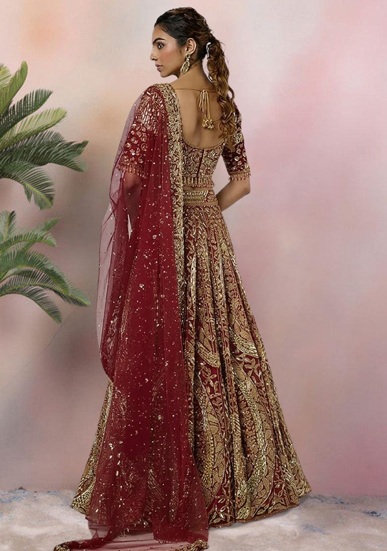 Maroon Embroidered Bridal Lehenga Set - Indya