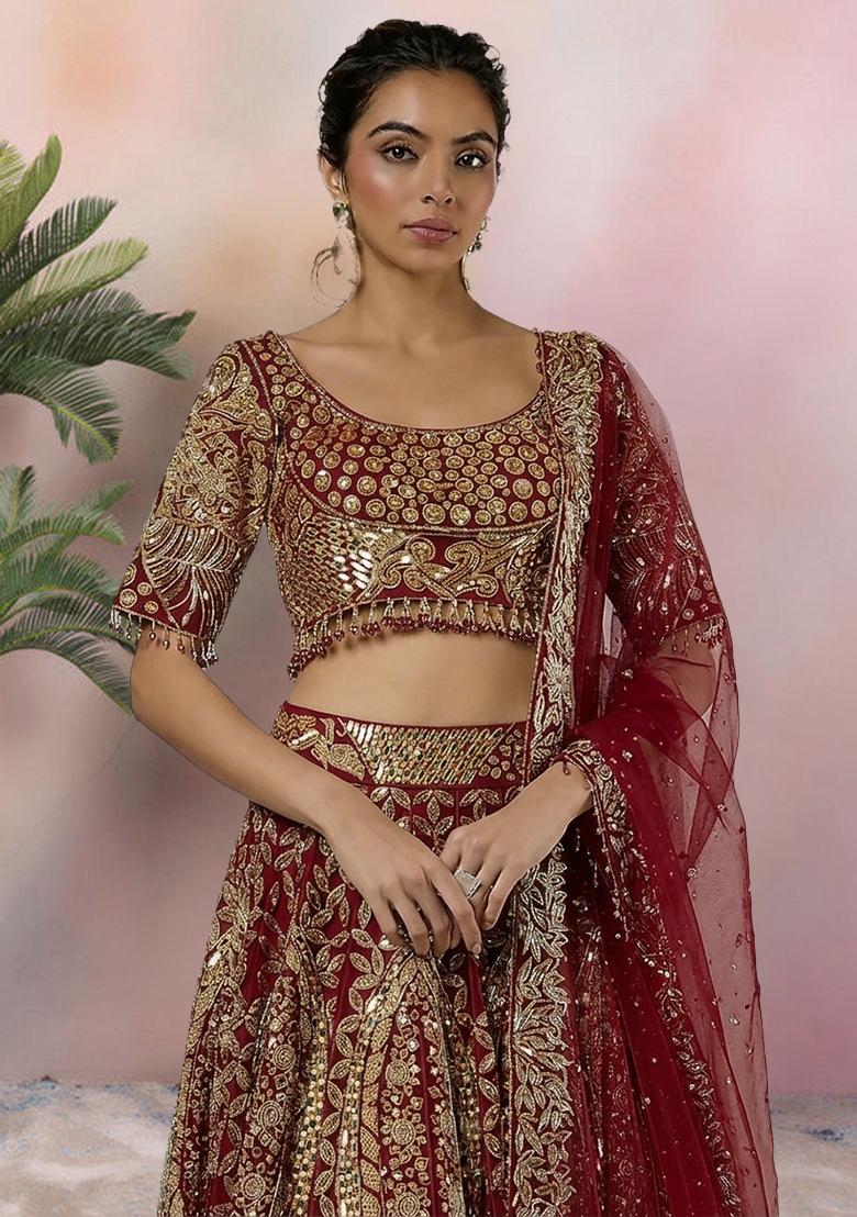 Maroon Embroidered Bridal Lehenga Set - Indya