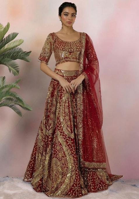 Maroon Embroidered Bridal Lehenga Set — view on Indya