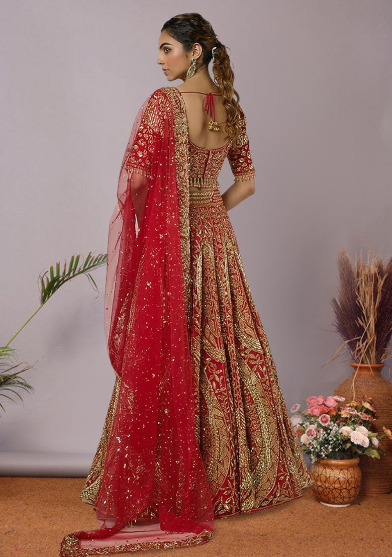 Red Embroidered Bridal Lehenga Set - Indya