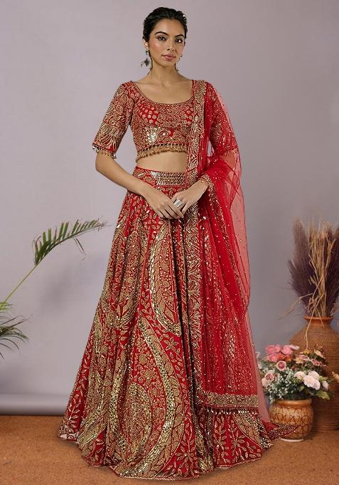 Red Embroidered Bridal Lehenga Set — view on Indya