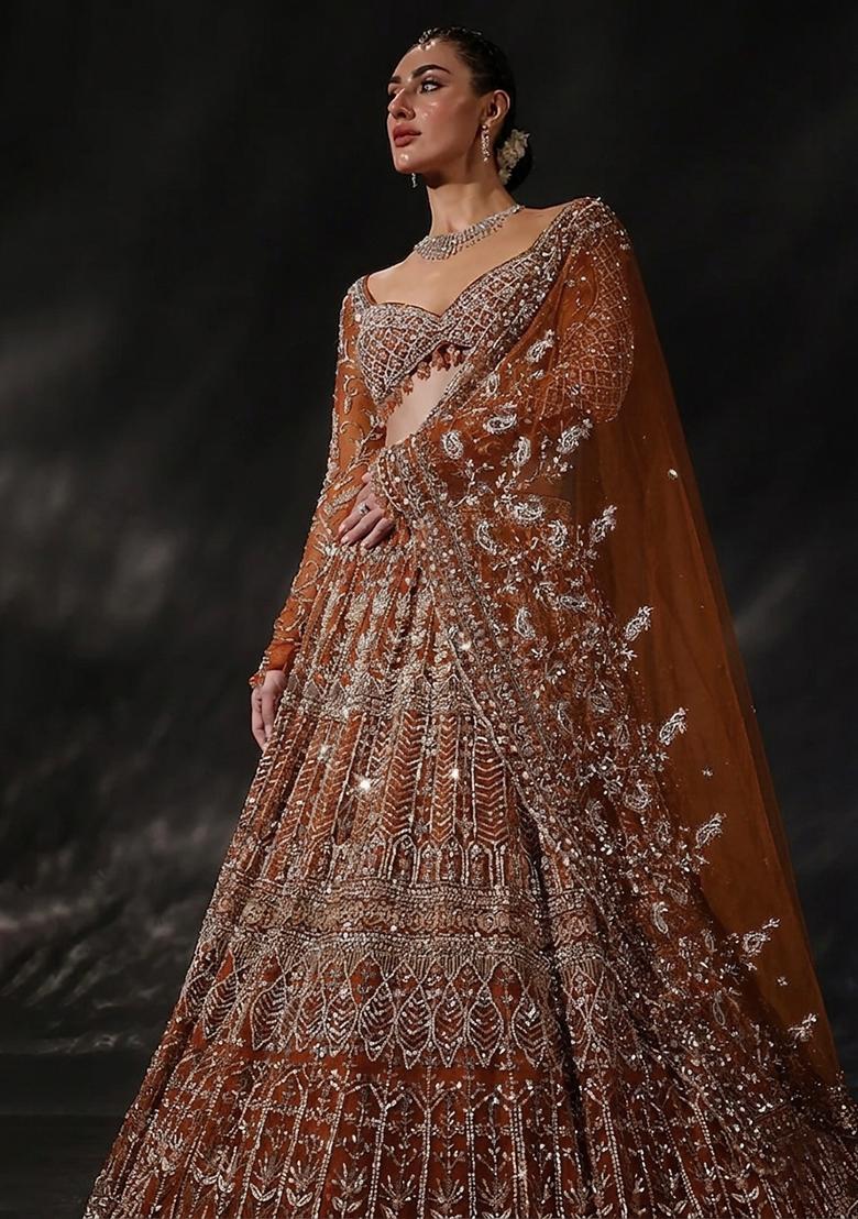 Mustard Orange Embroidered Bridal Lehenga Set - Indya