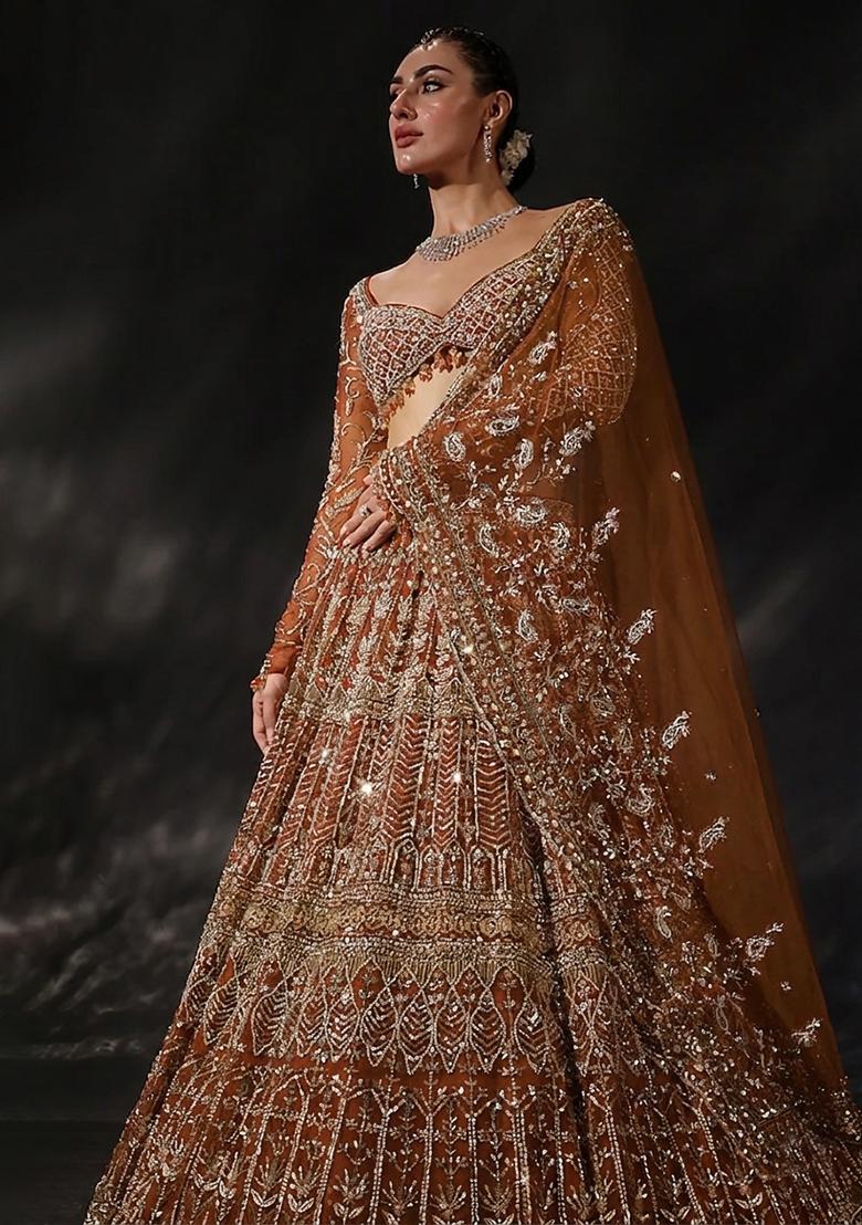 Rusty Orange Embroidered Bridal Lehenga Set - Indya