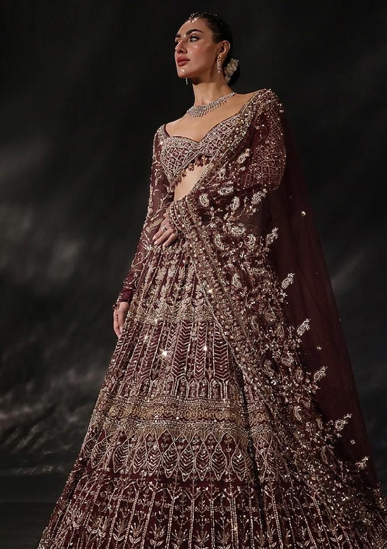 Wine Embroidered Bridal Lehenga Set - Indya