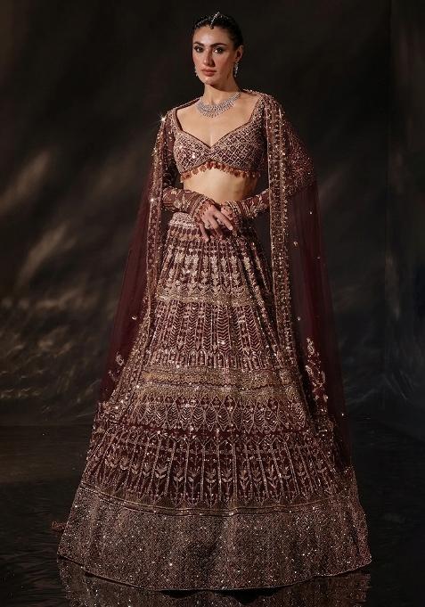 Wine Embroidered Bridal Lehenga Set — view on Indya