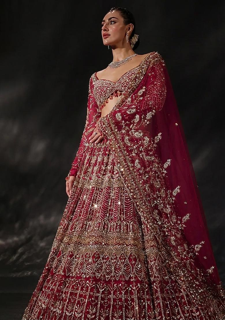 Magenta Embroidered Bridal Lehenga Set - Indya
