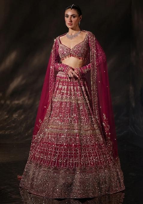 Magenta Embroidered Bridal Lehenga Set — view on Indya