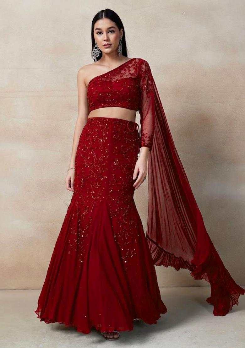 Red Embellished Designer Lehenga Set - Indya