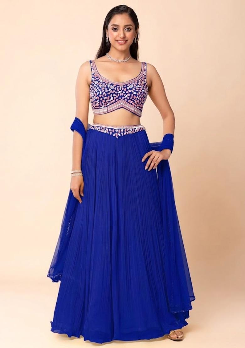 Blue Embroidered Designer Lehenga Set - Indya