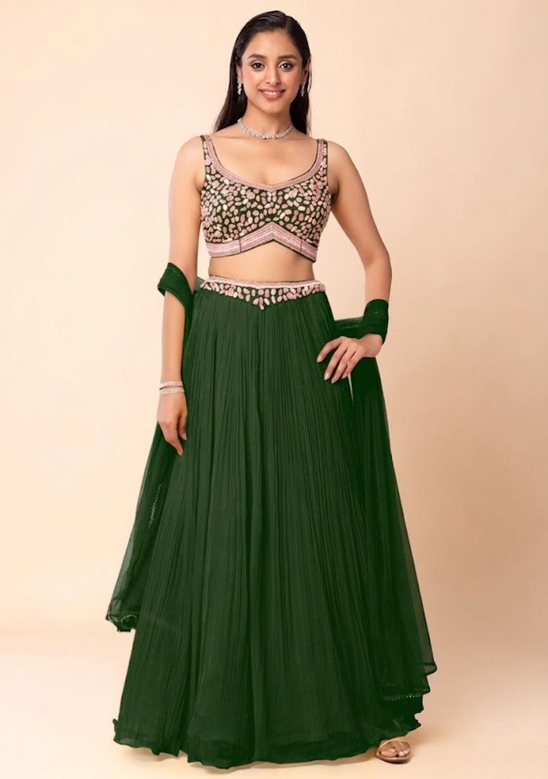Green Embroidered Designer Lehenga Set - Indya