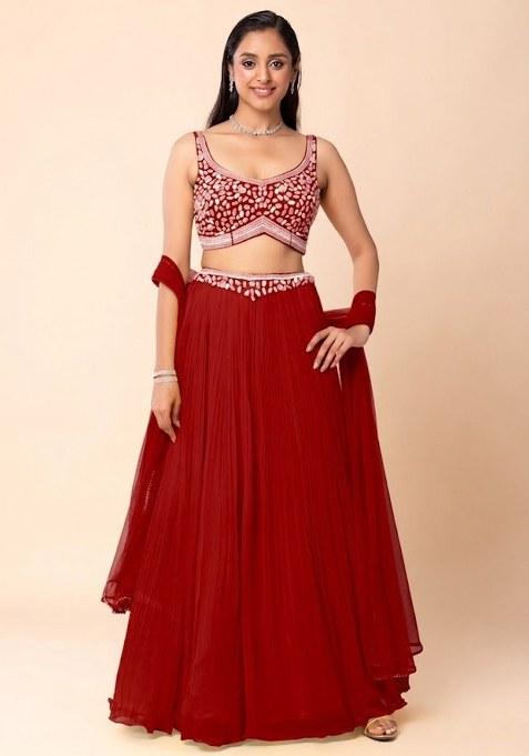 Red Embroidered Designer Lehenga Set — view on Indya