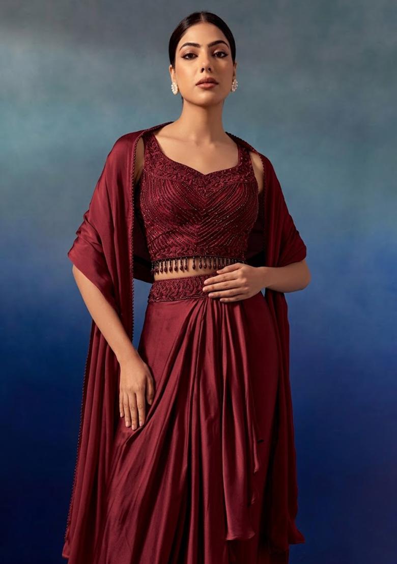 Burgundy Embroidered Designer Lehenga Set - Indya