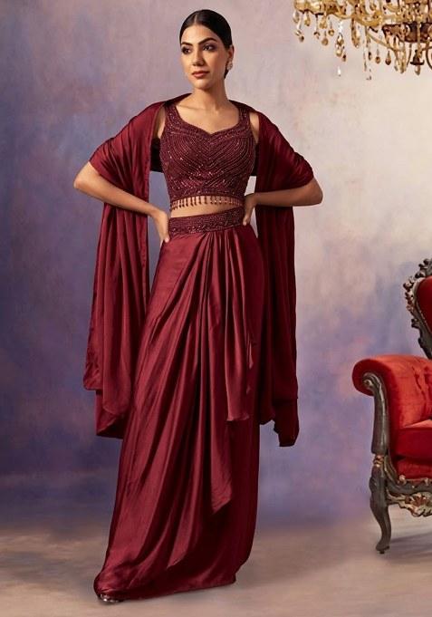 Burgundy Embroidered Designer Lehenga Set — view on Indya