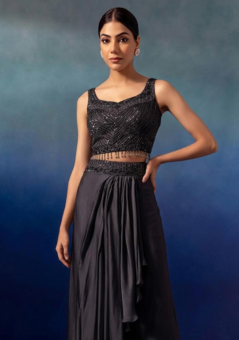 Black Embroidered Designer Lehenga Set - Indya