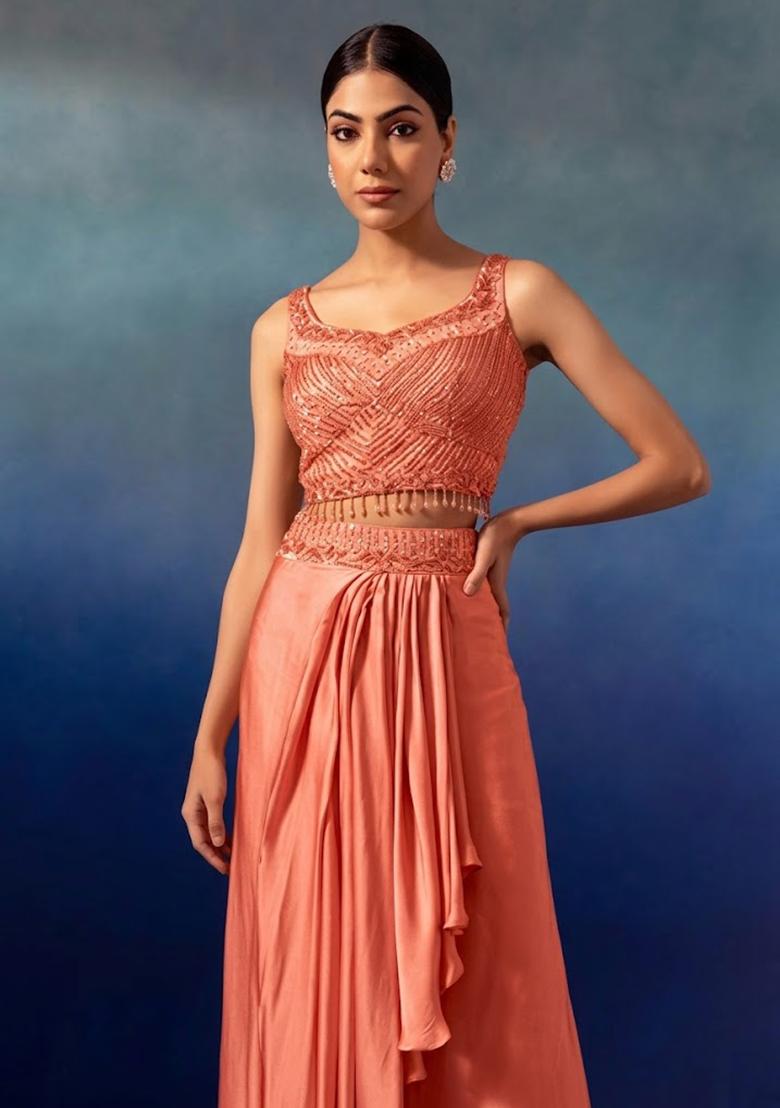 Salmon Embroidered Designer Lehenga Set - Indya