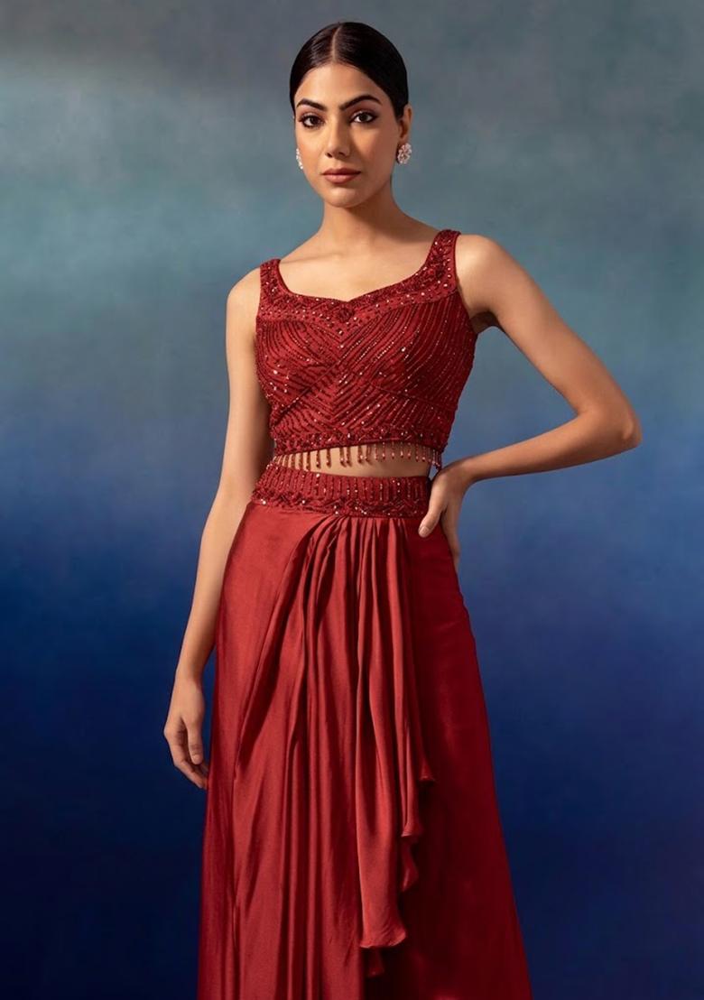 Deep Red Embroidered Designer Lehenga Set - Indya