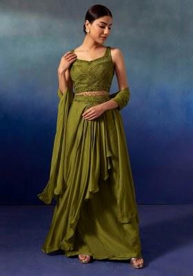 Green Olive Embroidered Designer Lehenga Set