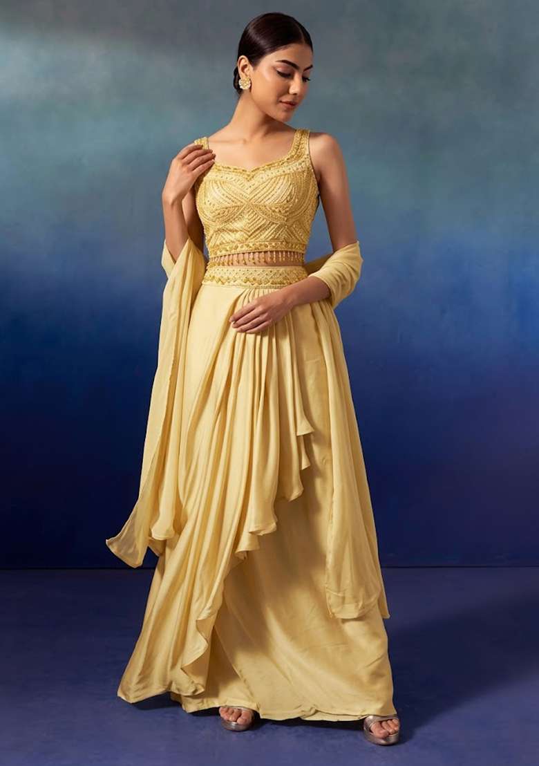 Pastel Yellow Embroidered Designer Lehenga Set - Indya