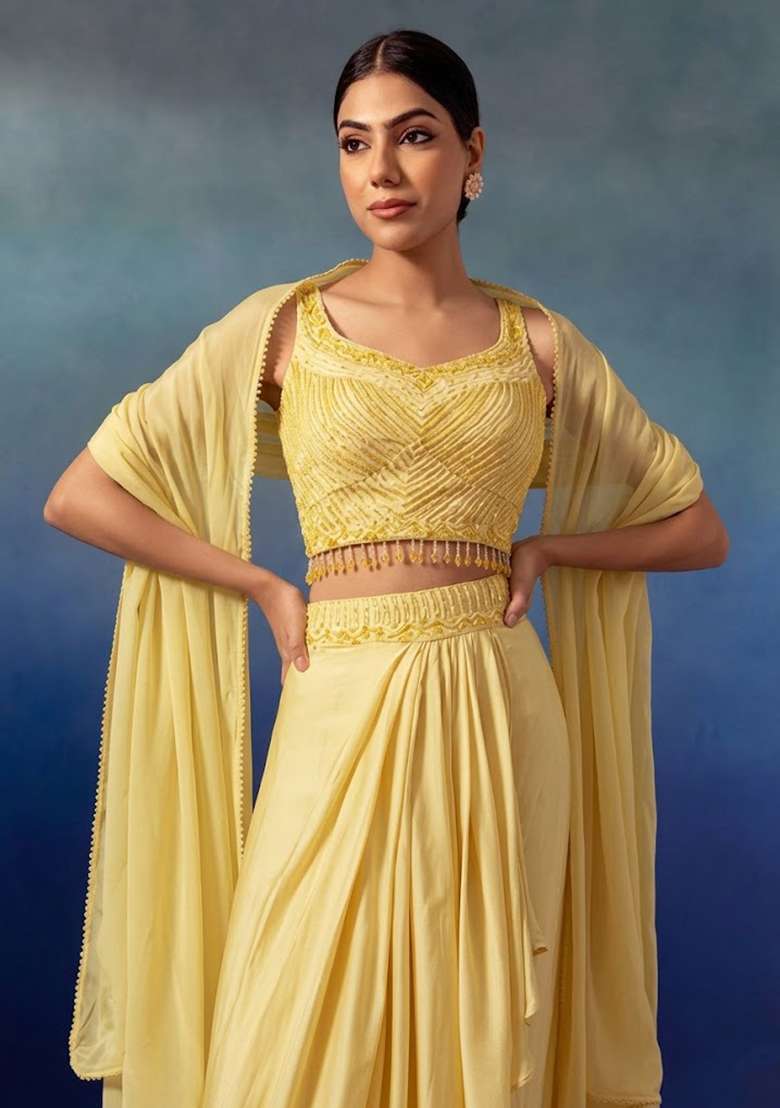 Pastel Yellow Embroidered Designer Lehenga Set - Indya