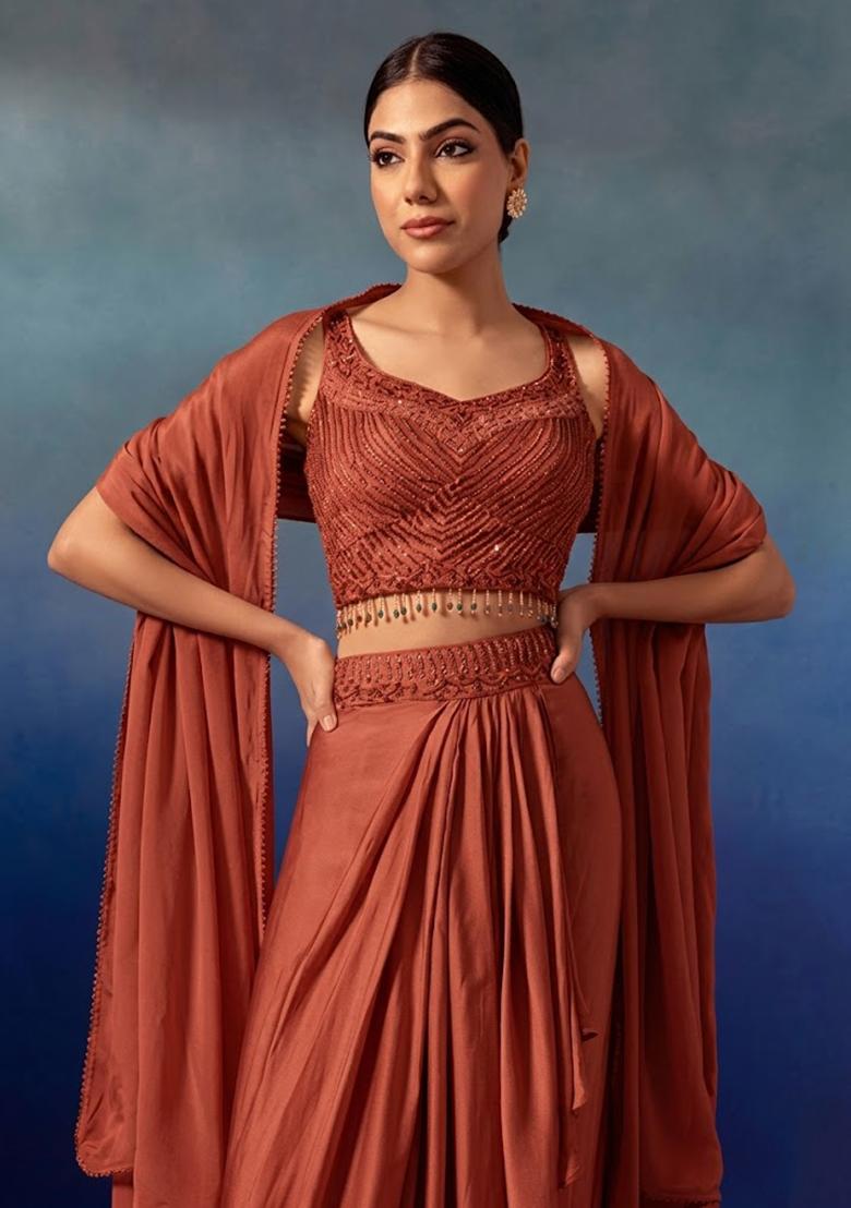 Copper Brown Embroidered Designer Lehenga Set - Indya